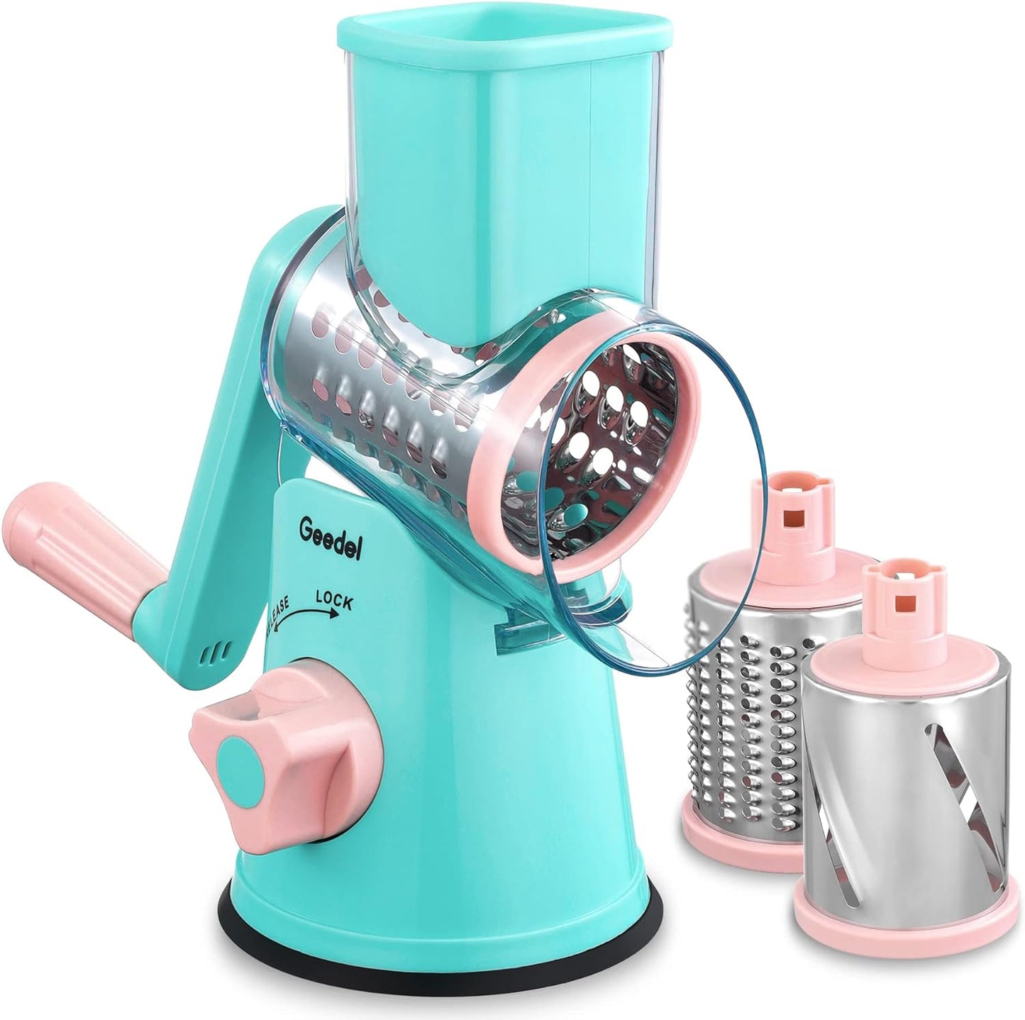Geedel Kitchen Cheese Grater, Rotary Mandoline Vegetable Slicer with Interchangeable Blades, Easy to Use Rotary Grater Slicer for Fruit, Vegetables, Nuts