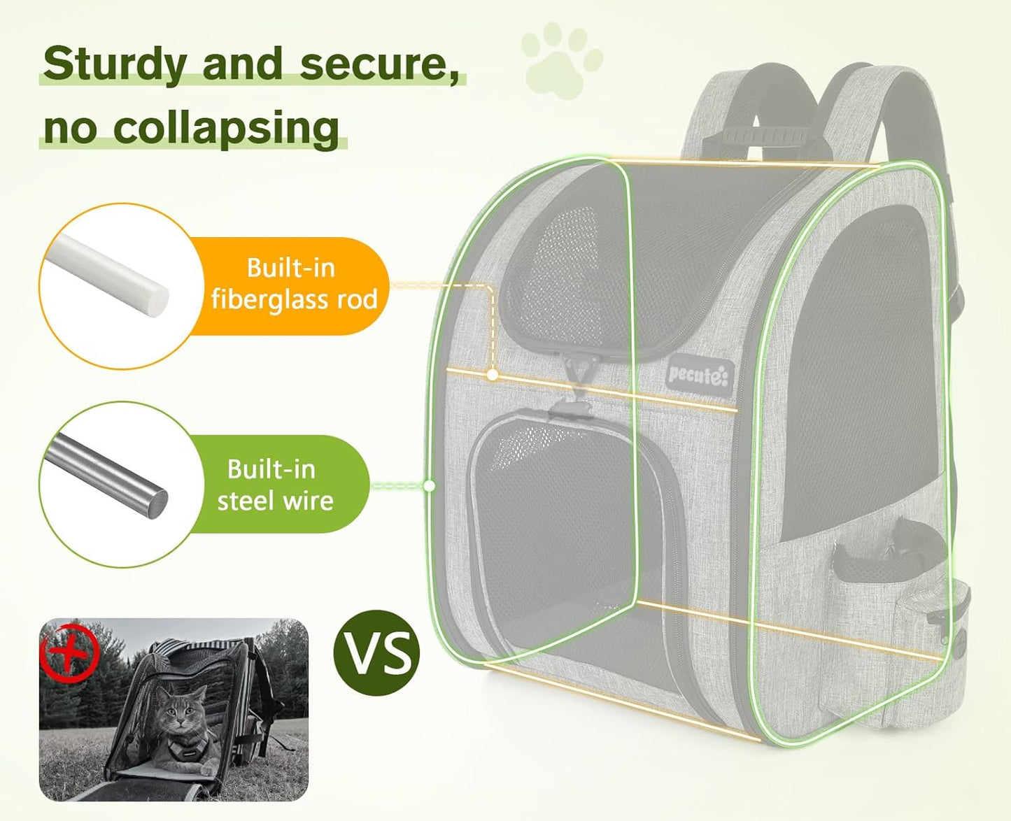 Pecute Cat Backpack with Breathable Mesh, Dog Backpack Carrier with Multi-Pockets for Cats Puppies, Pet Backpack Carrier for Travel Hiking Camping Outdoor (Gray)