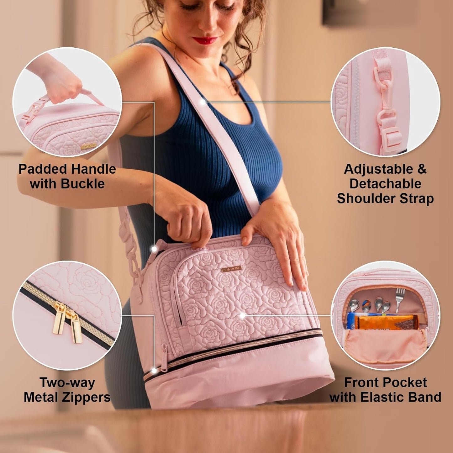 Everfun Womens Lunch Box Two Compartments Insulated Lunch Tote Bag Large Leakproof Soft Cooler for Work Picnic Travel, Black