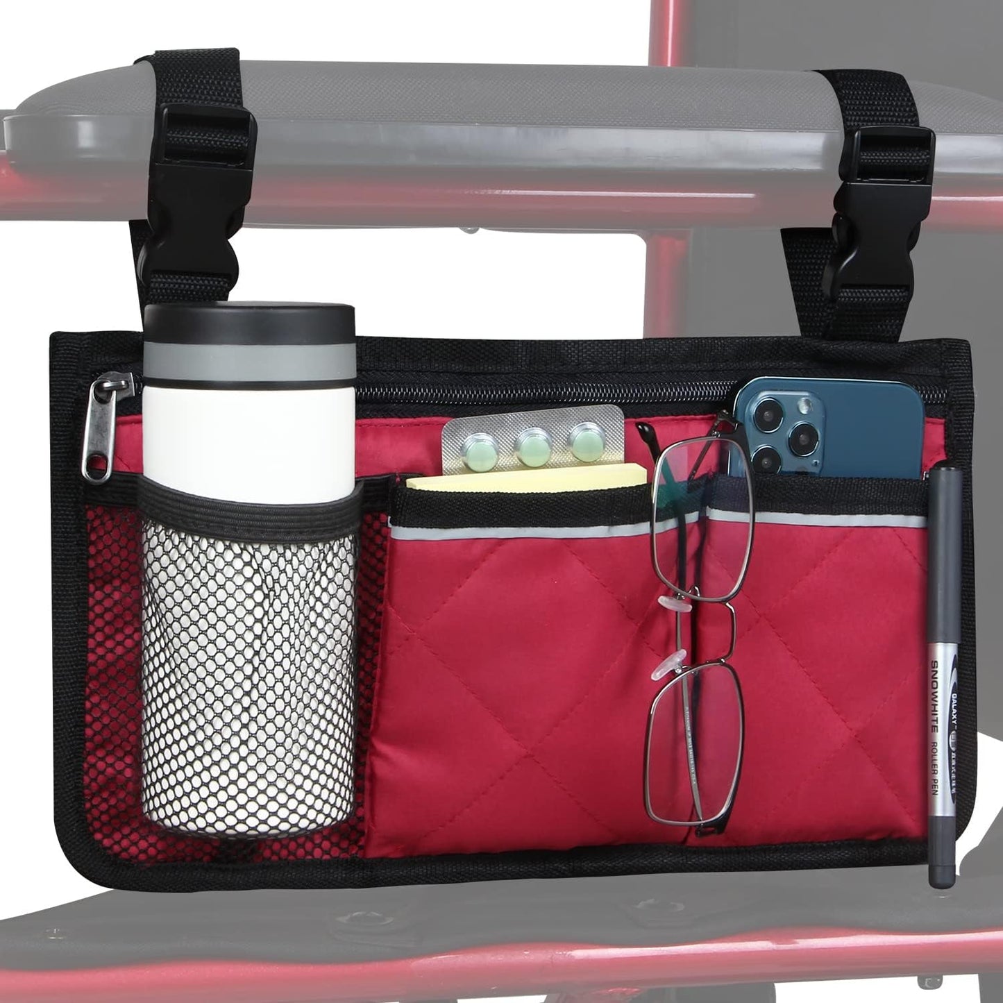 Wheelchair Side Bag, Wheelchair Armrest Storage Pouch with Cup Holder and Reflective Strip for Wheelchairs, Walkers or Rollators (Black)