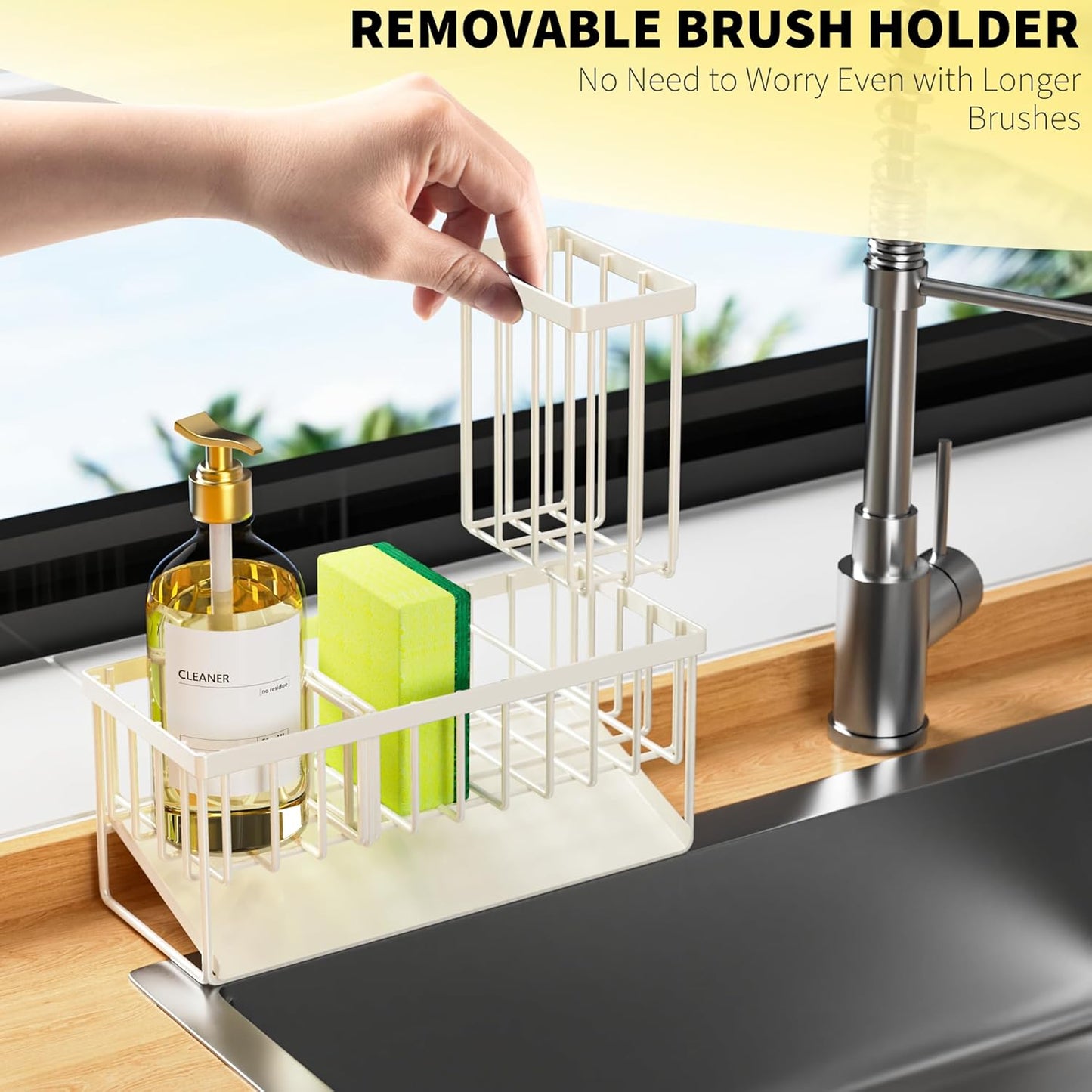 Cisily Kitchen Sink Caddy Organzier with High Brush Holder, Sponge Holder for Sink, 304 Rustproof Stainless, Kitchen Countertop Soap Dispenser Organizer, Kitchen Decor and Accessories (Black)