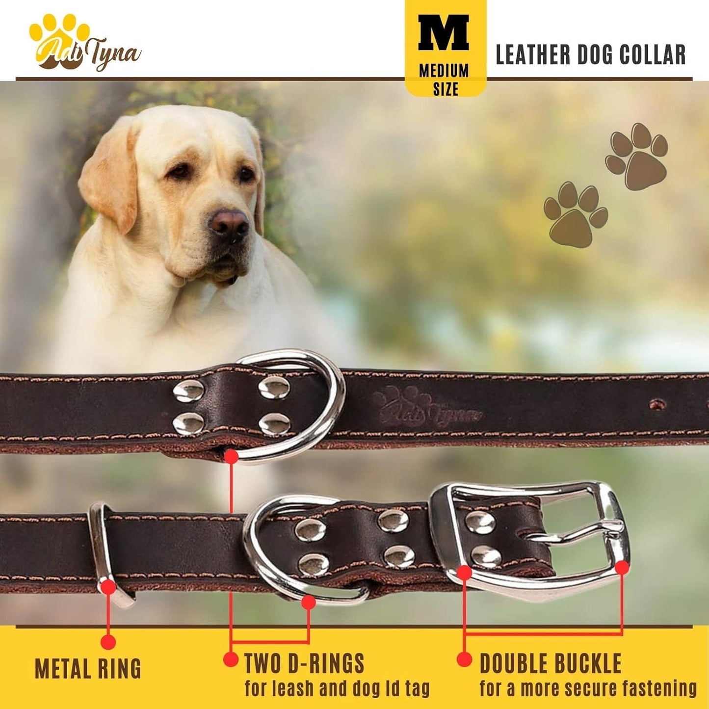 ADITYNA Heavy-Duty Leather Dog Collar for Medium Dogs - Soft and Strong, 100% Genuine Leather - Collier Pour Chien (Medium: Fit 13" - 20" Neck, Brown)