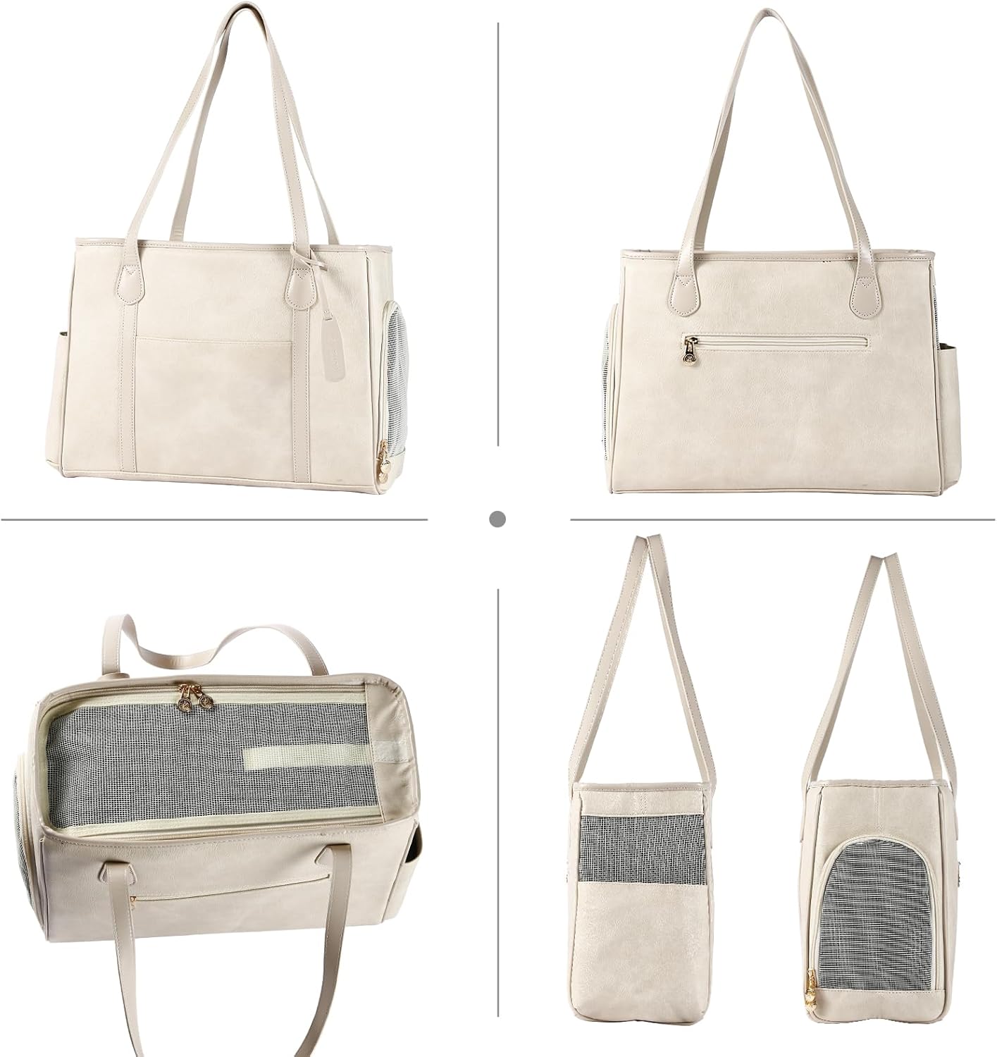 Monanller Stylish Dog Purse Carrier, Leather Pet Carrier Bag for Small Dogs Cats Puppy, Airline Approved Soft-Sided Carrier Beige