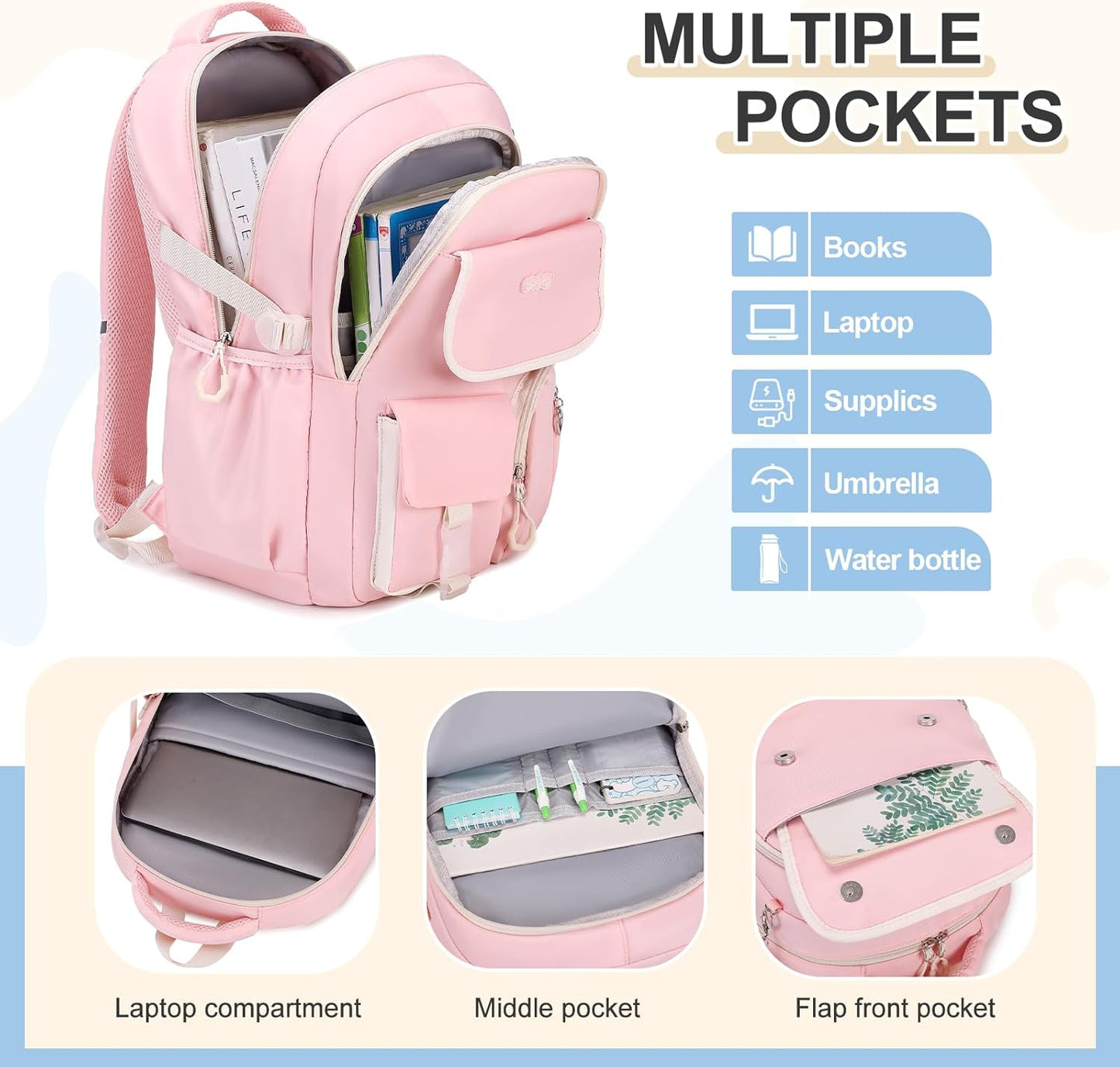 3PCS School Backpack for Girls with Lunch Box Pencil Pouch for Teen Girls Children Elementary Primary Middle High College Daypack School bag Bookbag Set Pink