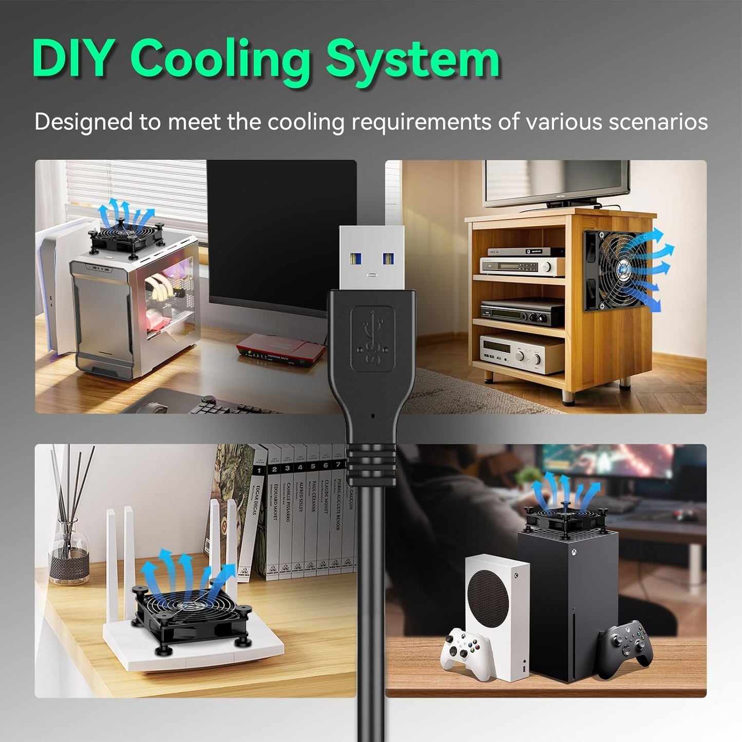 Easy Cloud 120mm USB Fan, USB Computer Fan with 3 Speeds Controller Small PC Cooling Fans for Cabinet Case Server TV Receiver Router DVR Xbox Cooler, 2Pcs