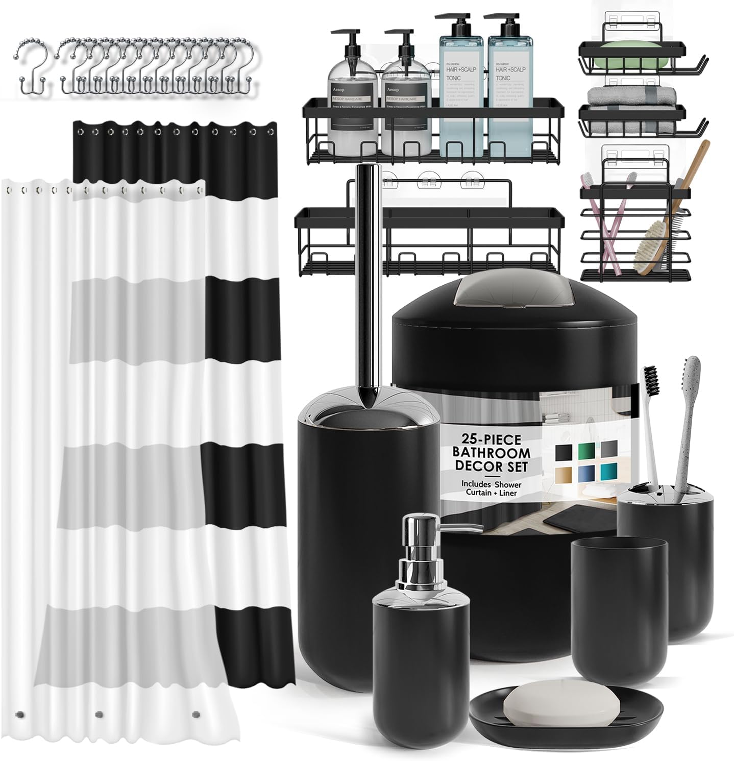 Clara Clark Bathroom Set - Gray Bathroom Accessories Set, Bathroom Sets with Shower Curtain and Rugs, 23PC Shower Curtain Set with Liner, Soap Dispenser, Soap Dish, Toilet Brush Holder, and Trash Can