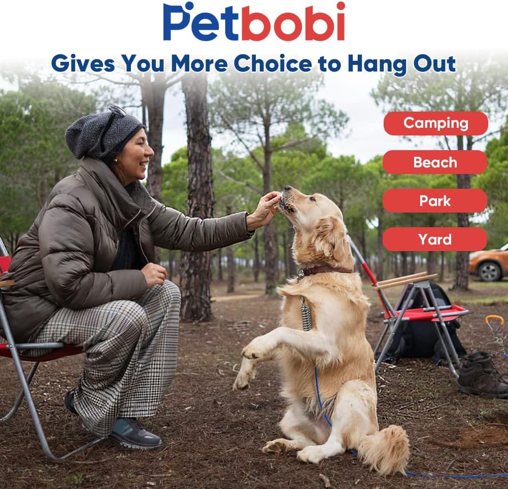 Petbobi Dog Tie-Out Cable and Stake - 30ft Heavy Duty Cable with Spring, No Tangle, 16in Ground Stake, Ideal for Yard, Camping and Beach, Suitable for Small Medium Large Dogs Up to 120 lbs, Blue