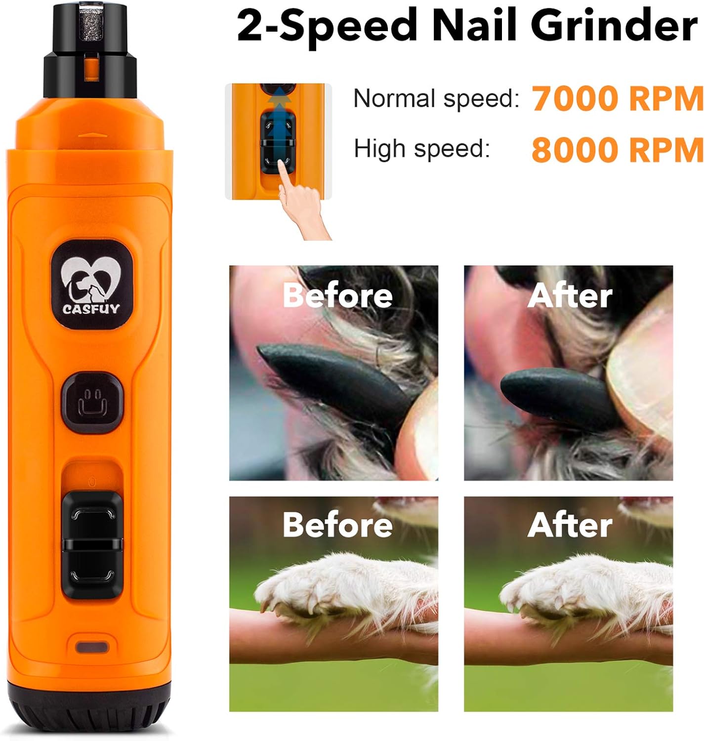 Casfuy Dog Nail Grinder with 2 LED Light - New Version 2-Speed Powerful Electric Pet Nail Trimmer Professional Quiet Painless Paws Grooming & Smoothing for Small Medium Large Dogs and Cats (Blue)