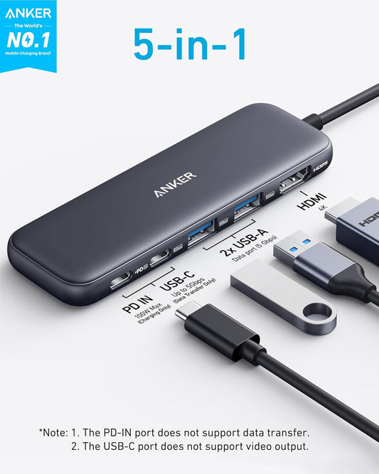 Anker 332 USB-C Hub (5-in-1) with 4K HDMI Display, 5Gbps - and 2 5Gbps USB-A Data Ports and for MacBook Pro, MacBook Air, Dell XPS, Lenovo Thinkpad, HP Laptops and More
