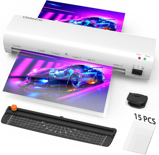 OidoZac Laminator Machine, 9-Inch Letter Size Laminating Machine with 15 Laminating Pouches for Small Desktop, 4 in 1 Never Jam Thermal Laminator with Trimmer Corner Rounder for Office School Home
