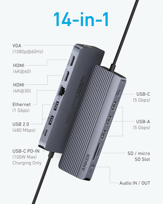 Anker USB C Hub, Triple Display USB-C Hub (14-in-1), 4K@60Hz HDMI with 100W Max Power Delivery, 5 Gbps USB-C and USB-A Data Ports, for MacBook, Lenovo, Dell XPS, HP Laptops, and More - PuriLite