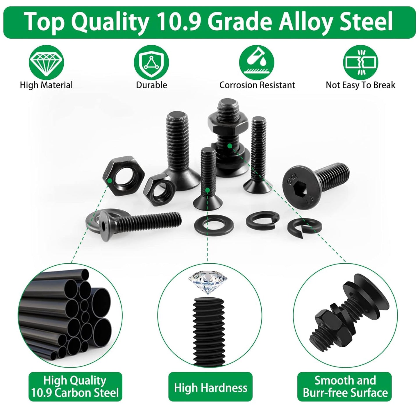 860PCS Metric Screw Assortment Kit, M2 M3 M4 M5 Machine Screws with Lock & Flat Washers, 10.9 Grade Alloy Steel, Metric Hex Button Head Cap Nuts and Bolts Assortment Kit with 4 Wrenches