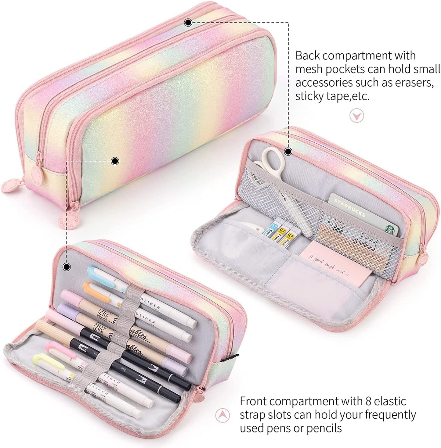 Big Capacity Pencil Case, OLIYuMi 3 Compartment Pencil Pouch Pencil Bag Storage Box Stationery Organizer Makeup Bag with Zipper Closure for Student Office College Boys and Girls (Pink)