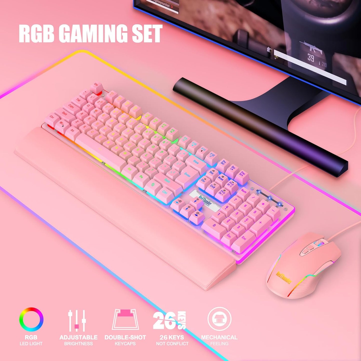 RedThunder K10 Wired Gaming Keyboard and Mouse and Wrist Rest Combo, RGB Backlit, Mechanical Feel Anti-ghosting Keyboard + 7D 7200 DPI Mice+Soft Leather Wrist Rest 3 in 1 PC Gamer Accessories(Black)