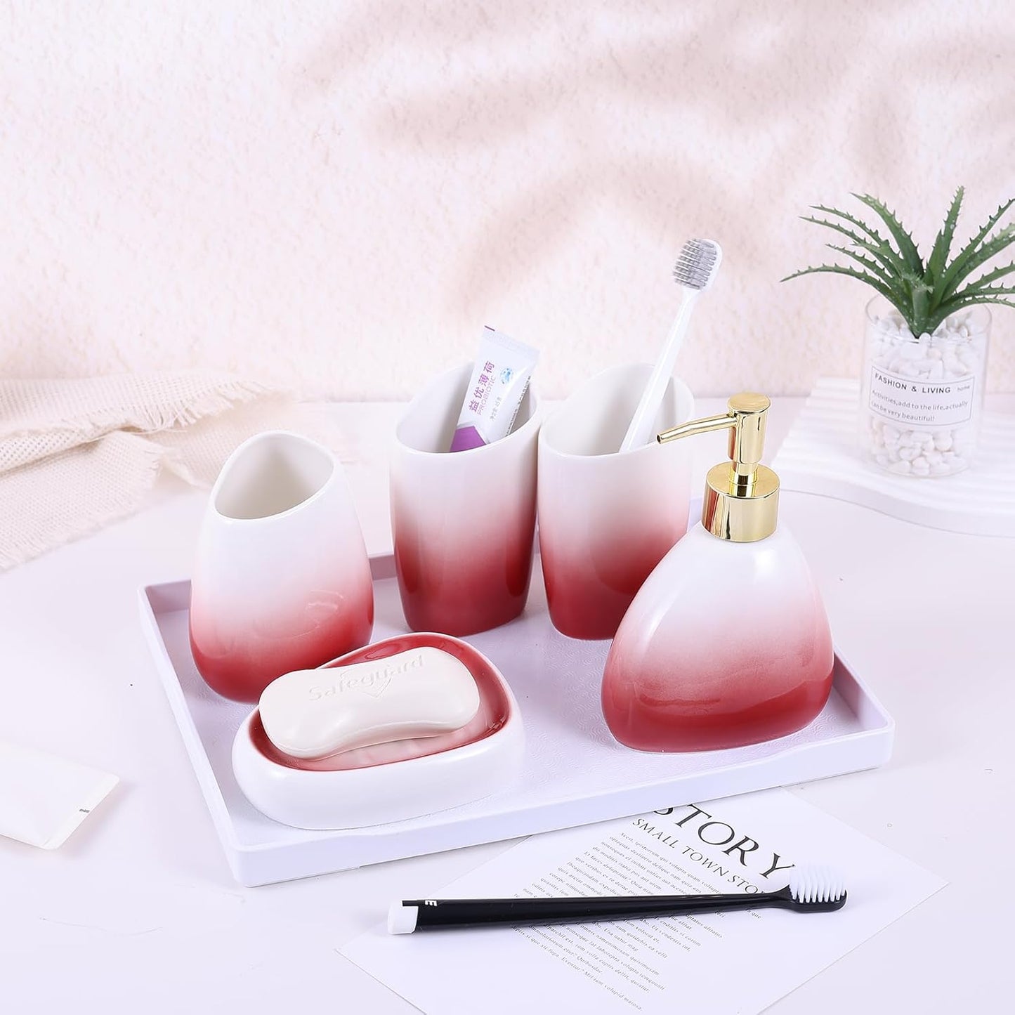 White Bathroom Accessories Set,Modern Countertop Bathroom Decor,Luxury 6 Piece Bathroom Accessory Set,Complete with Soap Dispenser,Toothbrush Holder,Tumbler,Tray