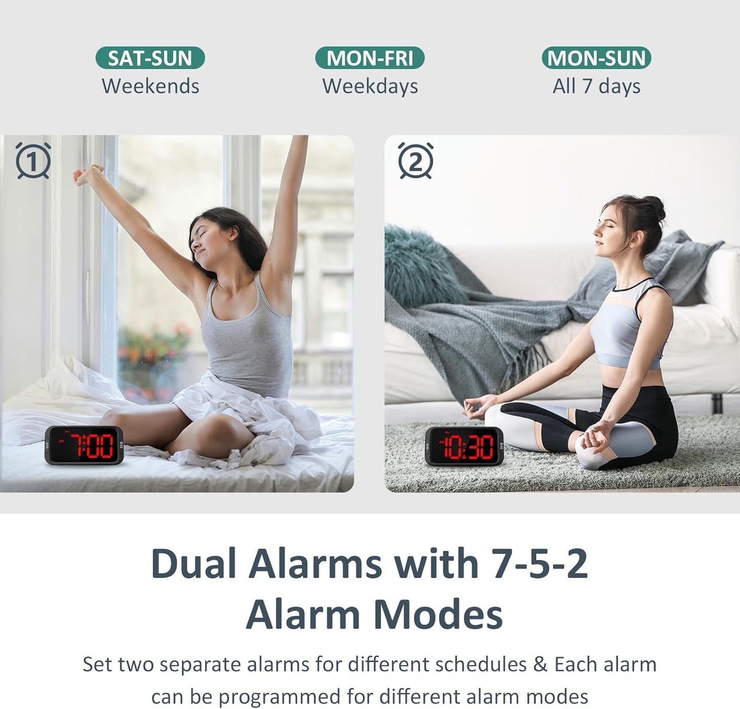 Odokee Digital Dual Alarm Clock for Bedroom, Easy to Set, 0-100% Dimmer, USB Charger, 5 Sounds Adjustable Volume, Weekday/Weekend Mode, Snooze, 12/24Hr, Battery Backup, Compact Clock for Bedside(Blue)
