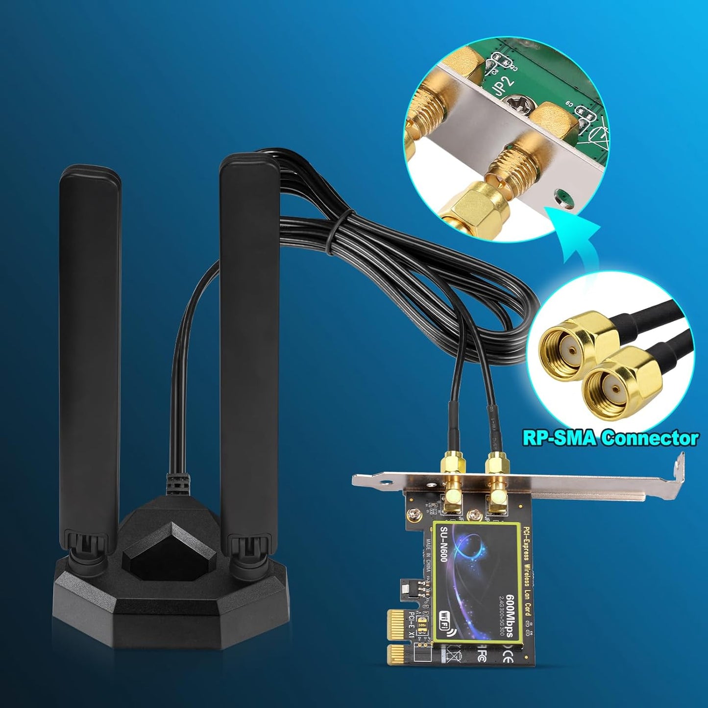 Eightwood WiFi 6E Tri-Band Antenna | 2.4GHz / 5GHz / 6GHz Magnetic Base Antenna | RP-SMA Male | 2M Extension Cable | Black