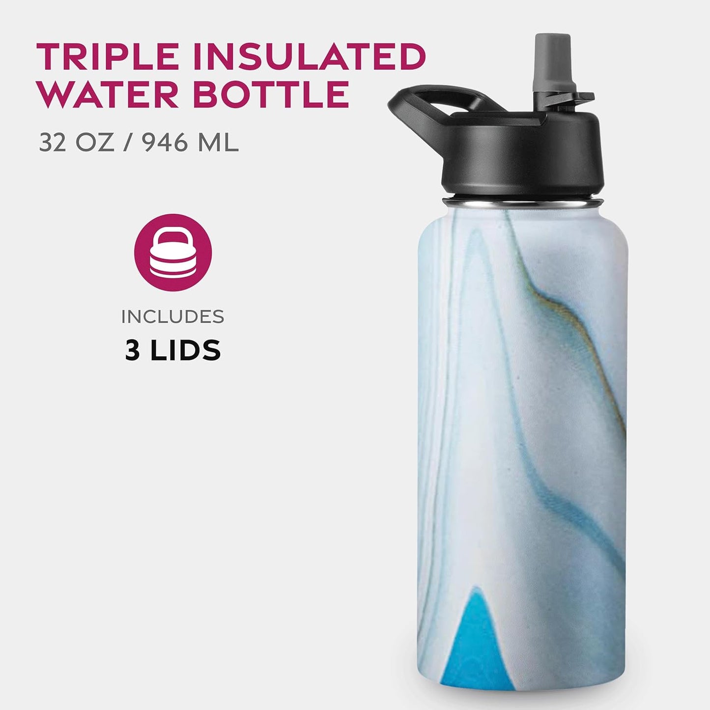 FineDine Water Bottle - Stainless Steel Insulated Water Bottle with Straw Lid, Flip Lid & Wide-Mouth Cap - Keeps Hot and Cold - 25 Oz / 739ml - Pure Pearly White