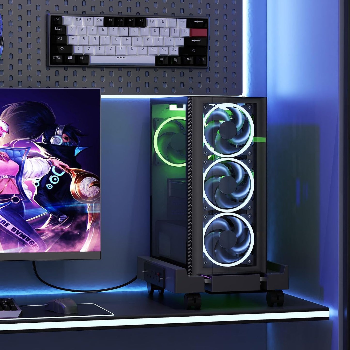 Computer Tower Stand with Charging Station, Cooler Fan and Light, Adjustable PC Stand for Floor, Mobile CPU Stand with 4 Caster Wheels, Under Desk CPU Holder Fits Most PC Tower