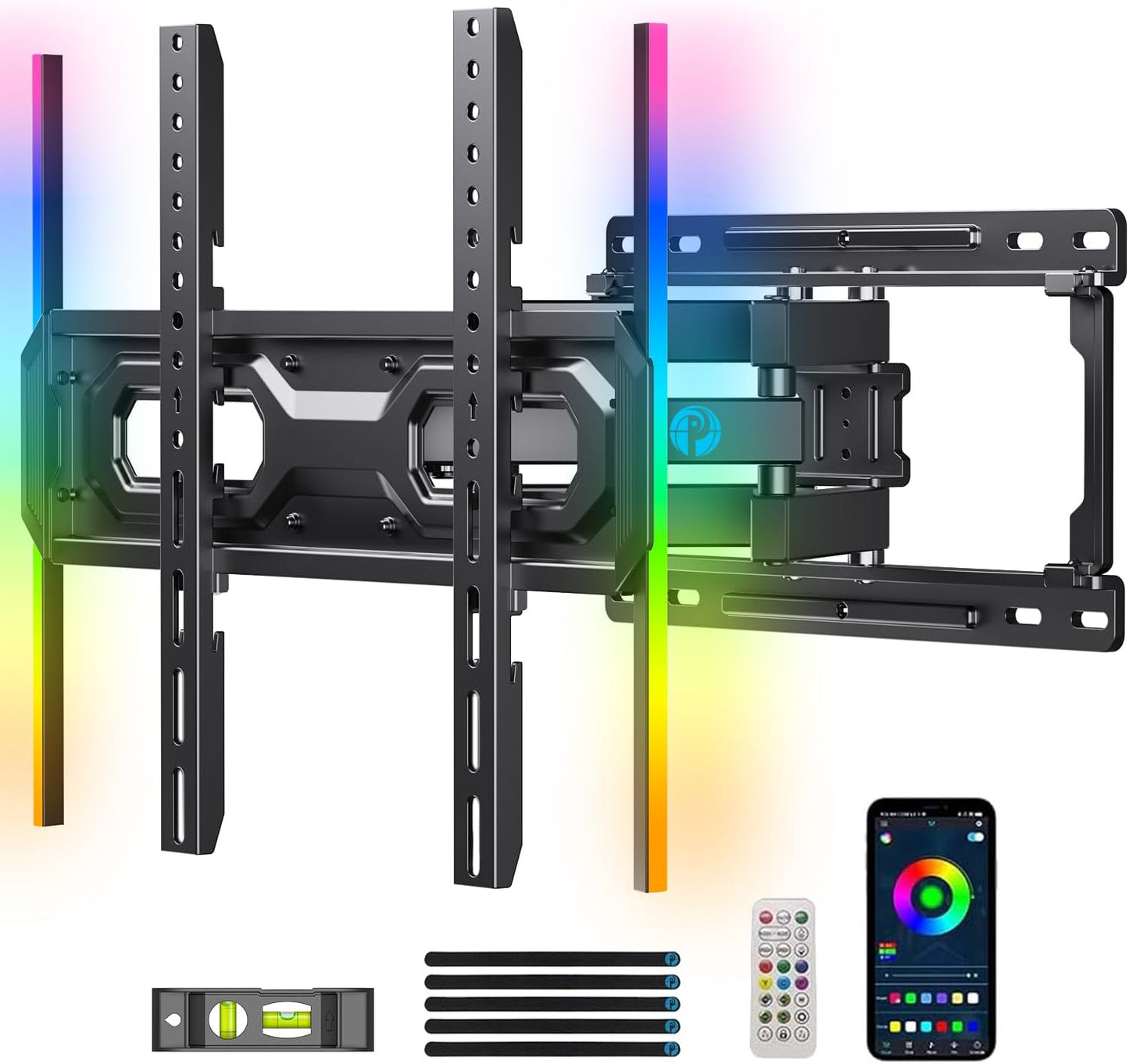 Pipishell Pre-Assembled TV Wall Mount with LED Lights for 26-65 inch TVs up to 99 lbs, Max VESA 400x400mm, Swivel, Extension, Tilt, TV Backlights with Music Sync, Fits 16”/12” Wood Studs, PIMF20