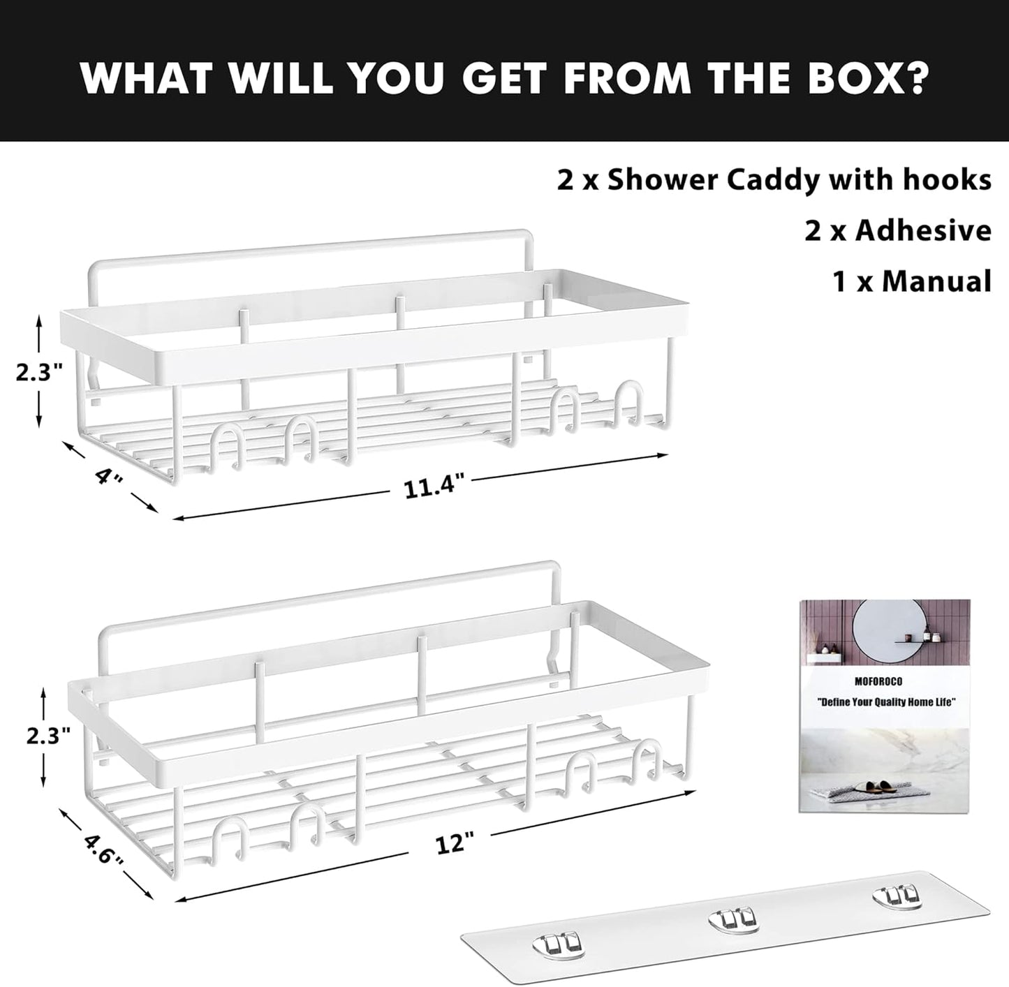 Moforoco Shower Caddy Shelf Organizer Rack, Self Adhesive Black Bathroom Shelves Basket, Home Farmhouse Wall Shower Inside Organization and Storage Decor Rv Accessories, First Apartment Essentials