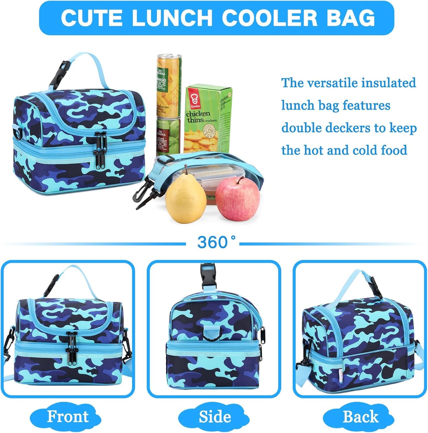 VASCHY Lunch Box Bag Men, Insulated Two Compartments Bento Cooler Bags for Adults/Women/Kids for School,Daycare,Kindergarten,Picnic Black