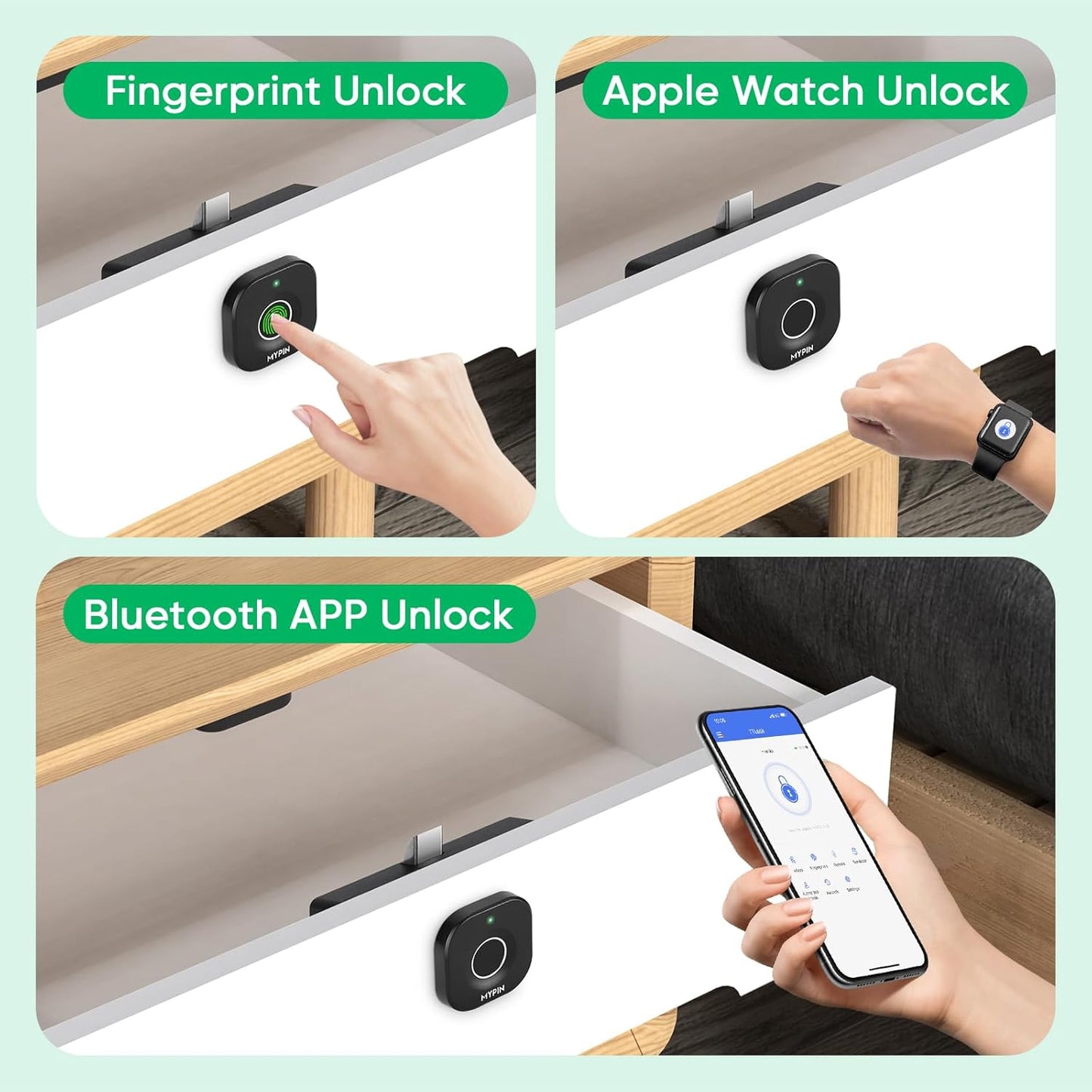 Bluetooth Fingerprint Cabinet Lock with Phone/Watch App Unlock, Smart Biometric Cabinet Lock, Keyless Hidden File Drawer Wardrobe Lock, Child Safety Electric Fingerprint Lock,DIY Wooden Furniture Lock