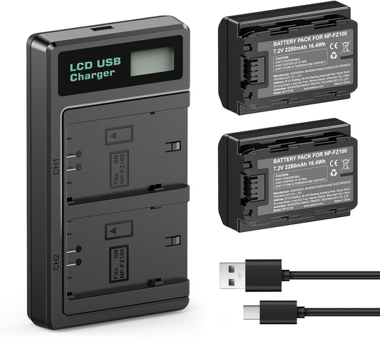 NASTIMA NP-FZ100 2-Pank 2280mAh Battery Replacemnt with LCD Battery Charger Compatible with Sony FX3, FX30, A7iii, A7iv, A7C, A9, A6600, A6700, ZV-E10ii, ZV-E1, A9S, Alpha 9, A7R III, A7R IV, A7RV