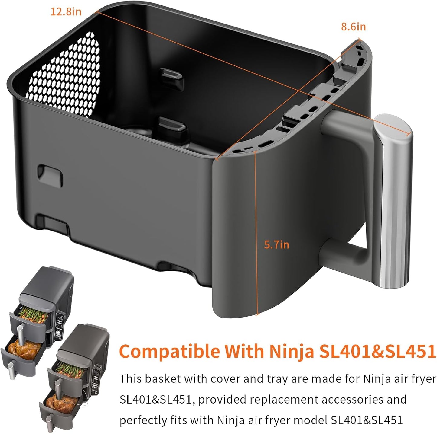 Air Fryer Basket Replacement Basket and Tray for Ninja AF161, Air Fryer Accessories for Ninja AF150 and AF161, Non-Stick Air Fryer Basket with Cover for Ninja AF150 and AF161, Dishwasher-Safe Basket
