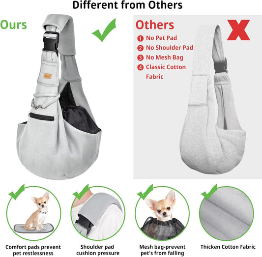 Cuby Adjustable Dog Cat Sling Padded Hard Bottom Pet Carrier Sling Soft Carrying Puppy Bag for Small Dogs Cats Outdoor Travel (Grayish-White) - PuriLite