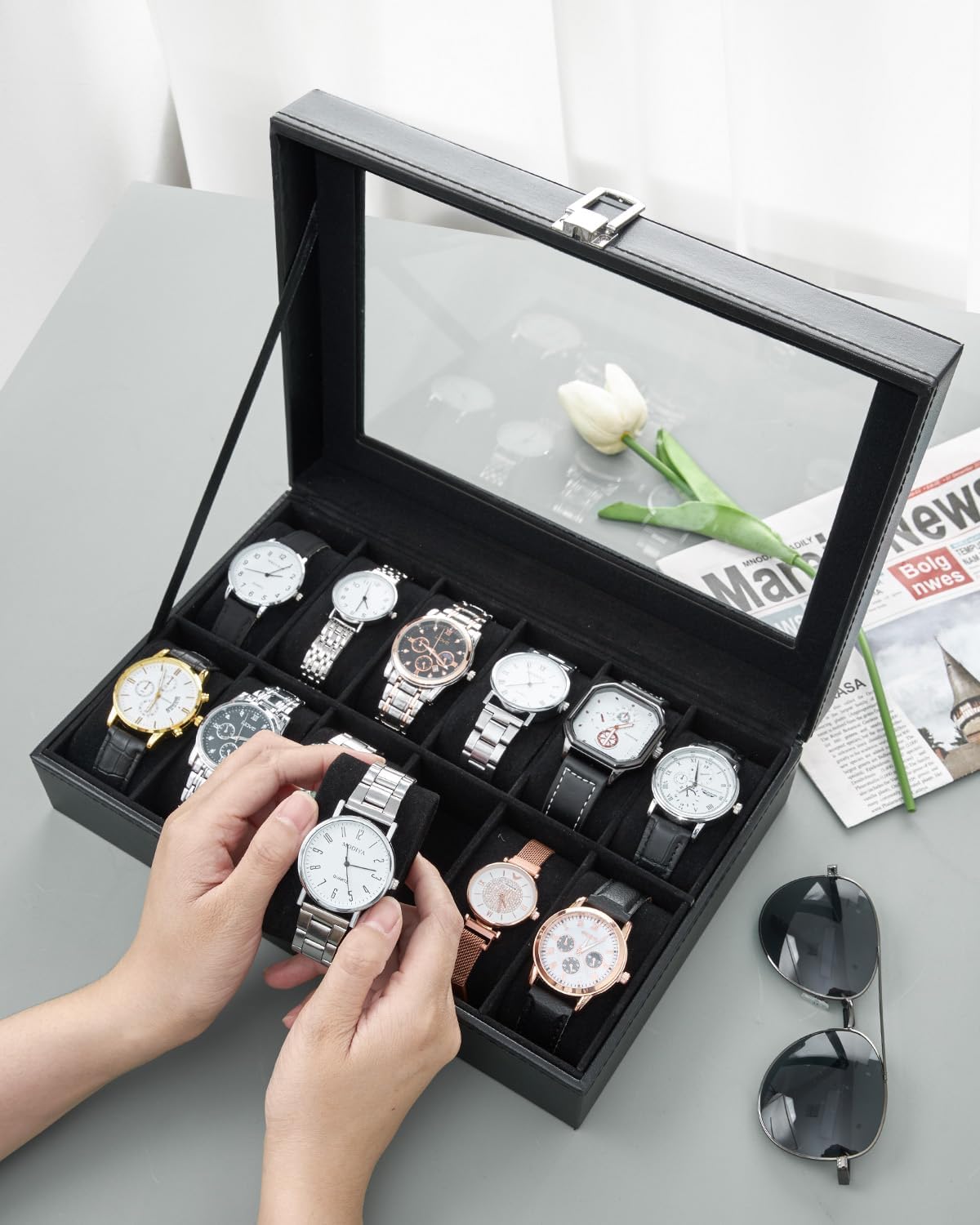 Ohuhu Watch Box Organizer for Men -12 Slot Leather Watch Case with Real Glass Lid Watch Display Case, Watch Organizer Jewelry Storage Box