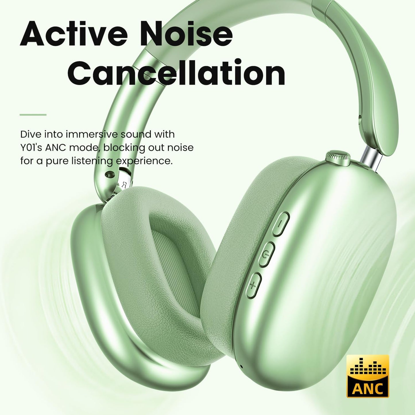 Wentronic Y01 Wireless Over Ear Headphones, Noise Canceling Bluetooth 5.3 Headphones with Microphones,Hi-Res Audio,48H Playtime,Foldable,Breathable Soft Earpads for iOS/Android/Samsung/PC-Green
