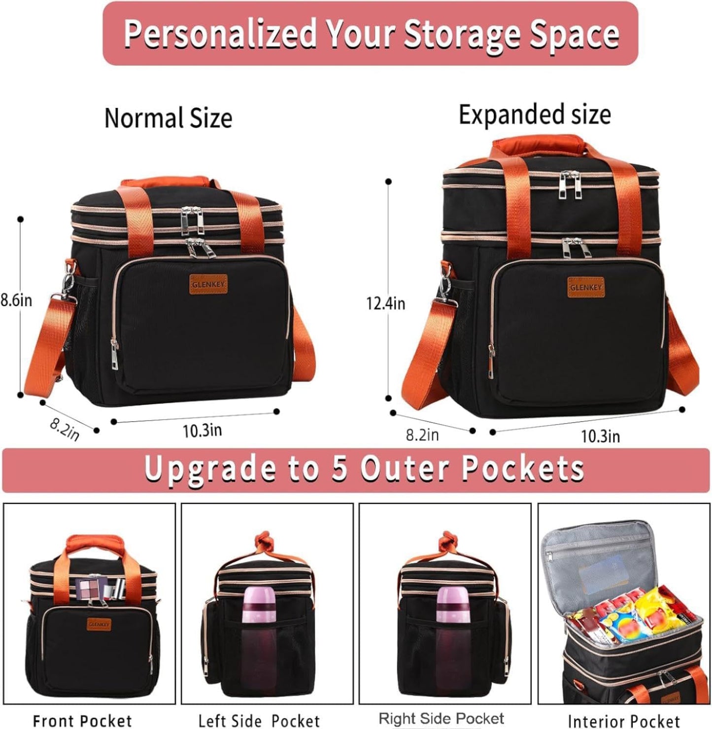 Expandable Large Lunch Bag, Double Deck Insulated Lunch Box Leakproof Durable Soft Cooler Bag for Men Women Adults Work Construction Beach Picnic Daytrip,16L,Black, GLENKEY