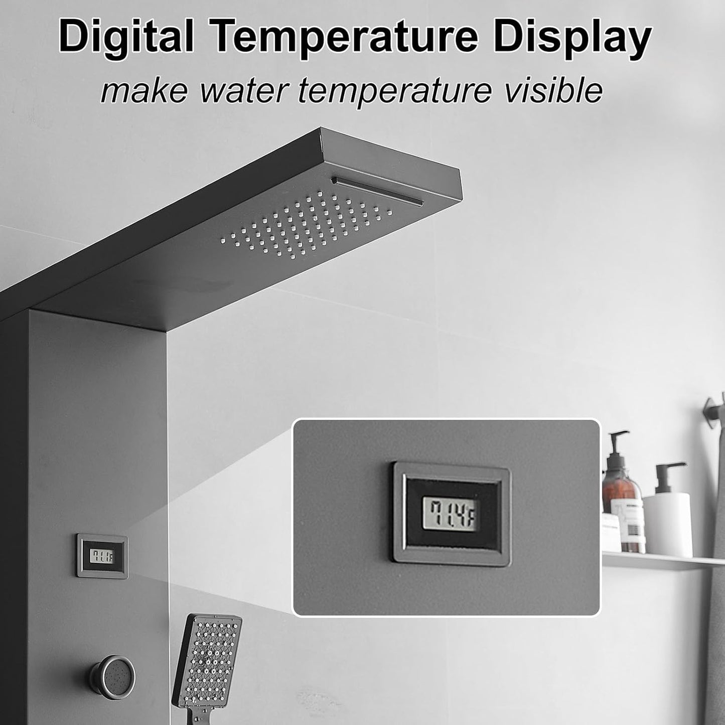 Bathfinesse Shower Tower Bathroom Shower Panel System Rain Massage System 6 in 1 Body Spray Jets Shower Wall Panels Rainfall Waterfall Shower Head Tub Spout with Temperature Display,Matte Black
