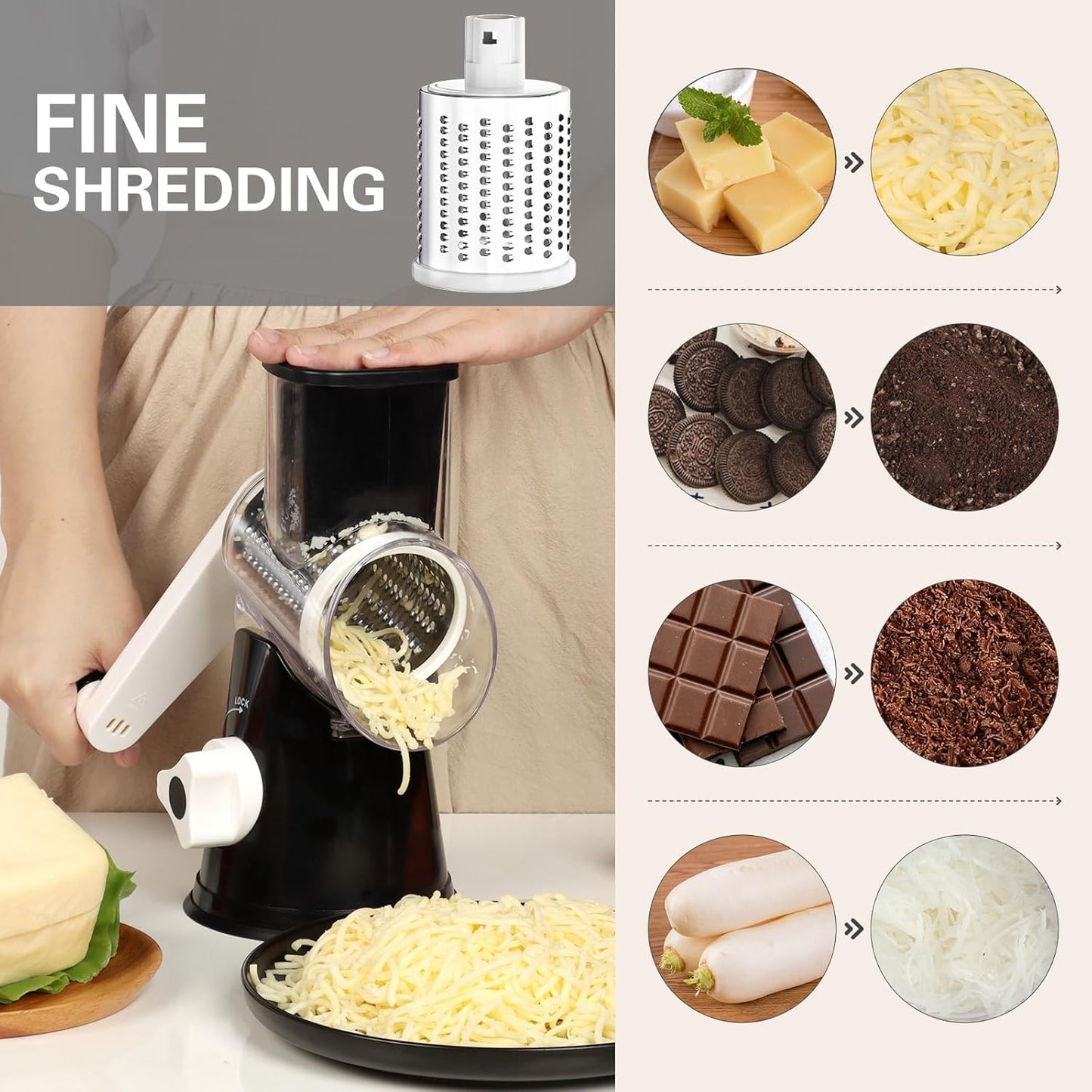 Purilite Select Rotary Cheese Grater with 3 Stainless Steel Blades