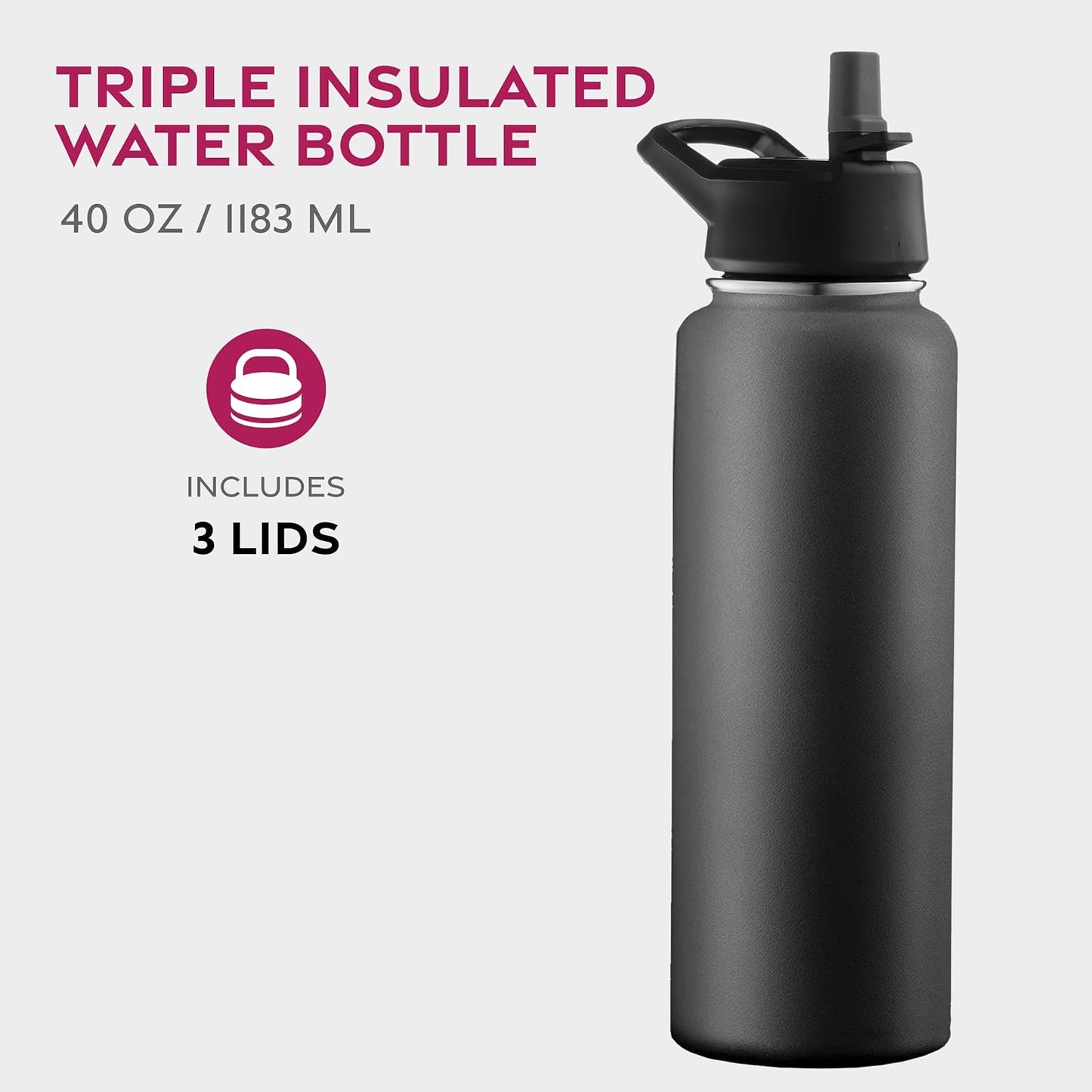 FineDine Water Bottle - Stainless Steel Insulated Water Bottle with Straw Lid, Flip Lid & Wide-Mouth Cap - Keeps Hot and Cold - 25 Oz / 739ml - Pure Pearly White