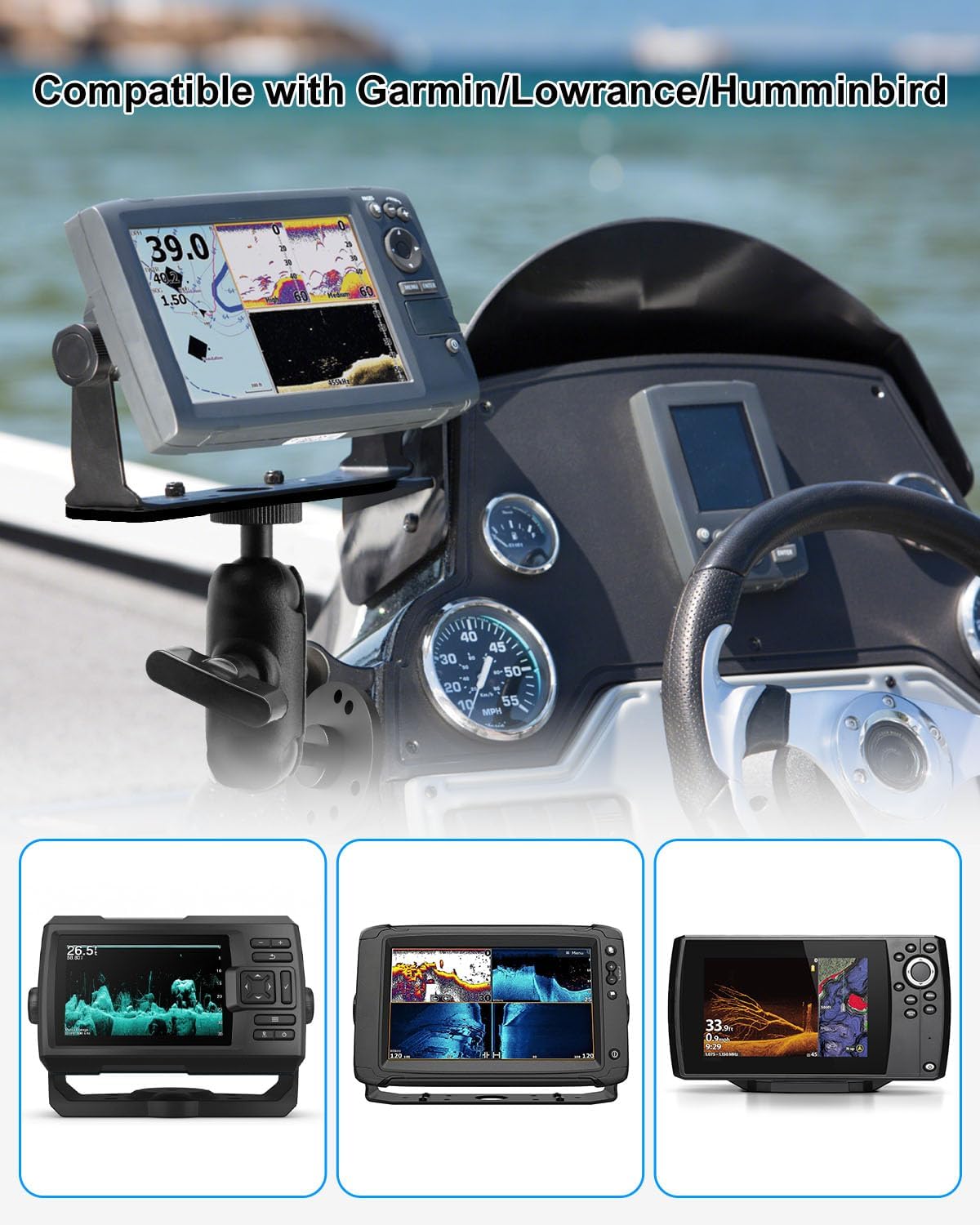 Aluminum Fish Finder Mount Compatible with Garmin Lowrance Humminbird, 5.9In Adjustable Medium Arm with 1.5In C Size Ball, Depth Finder Holder with Universal AMPS for Marine-Grade Boat Kayak