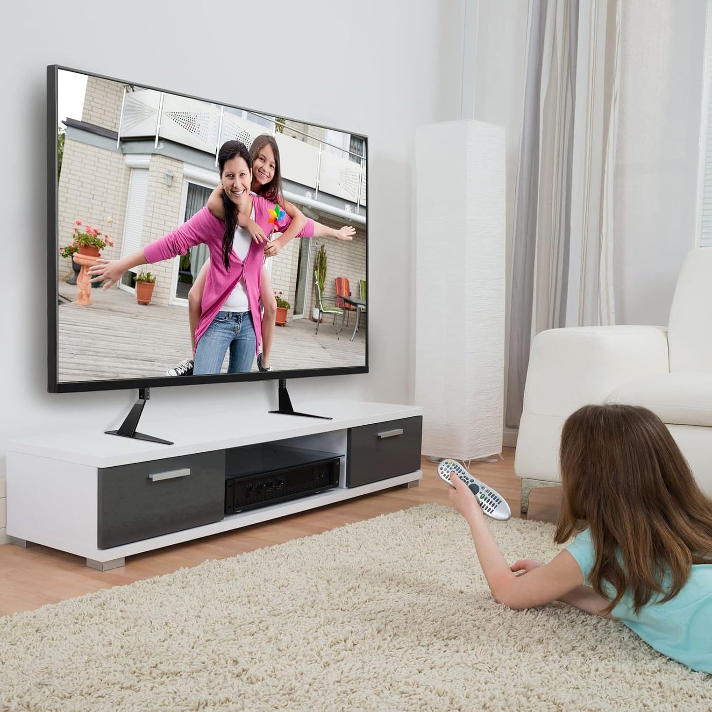 Suptek Universal TV Stands, Table Top TV Stand, Pedestal TV Stand for Most 17"-55" Screens, Height Adjustable TV Base Stand with Tempered Glass Base and Wire Management, Hold up to 40kg, VESA 75/400mm