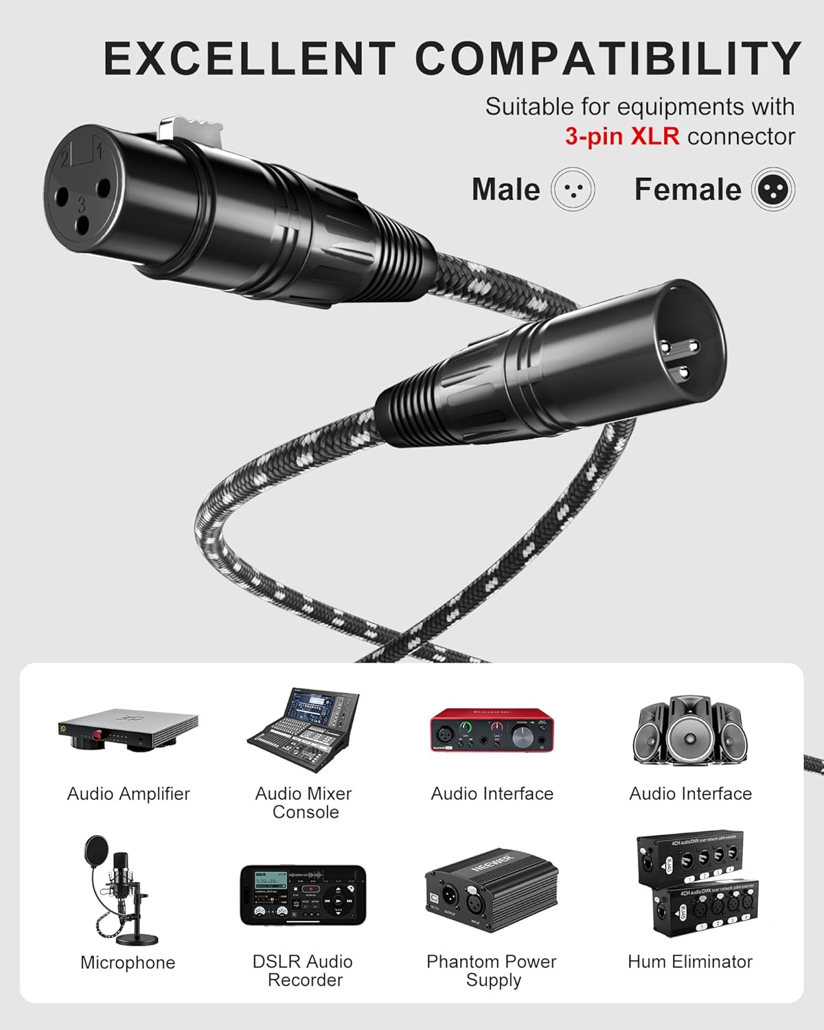 VANDESAIL XLR Cables 25ft 2 Pack, Durable Nylon Braided XLR Microphone Cable, Mic Cable, Shielded and Fully Balanced OFC Male to Female Cord for Recording Mixer Amplifie Speaker Black White