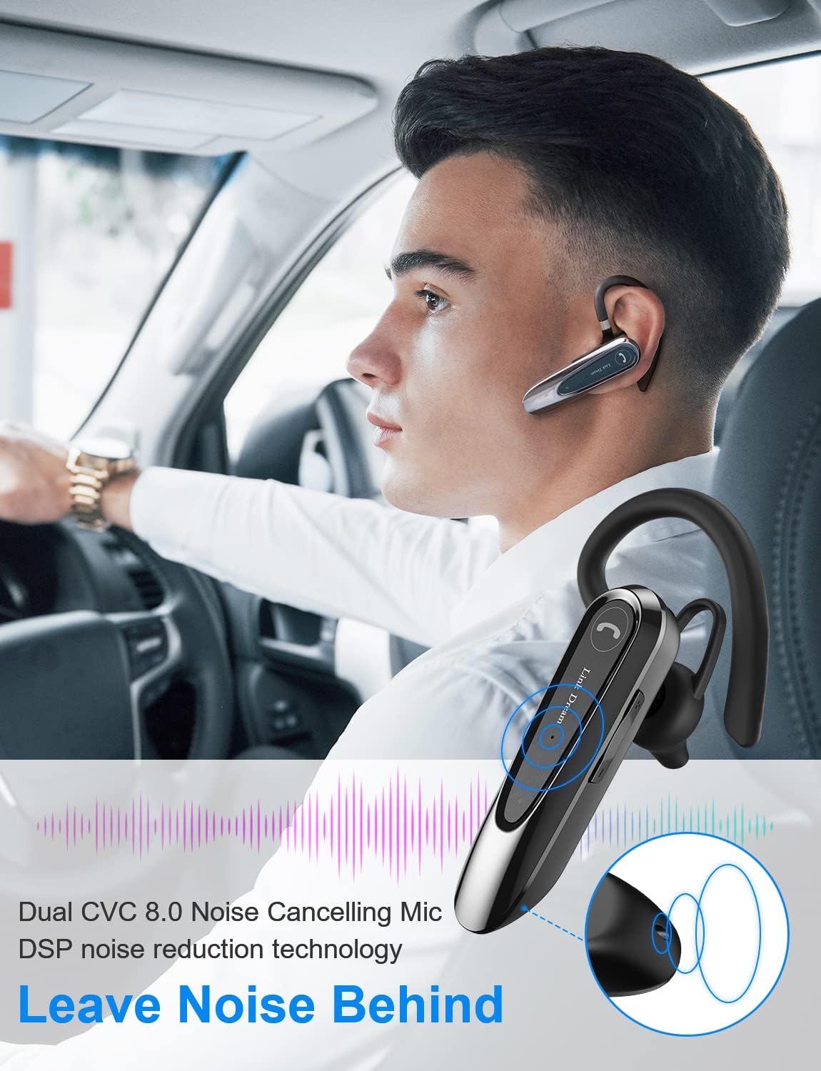 Bluetooth Earpiece Link Dream Wireless CVC8.0 Headset for Cell Phone Dual Mic Noise Canceling Handsfree Phone Earpiece w/Mute 20Hrs Talk Time 180 Days Standby for iPhone Android Home Office Driving