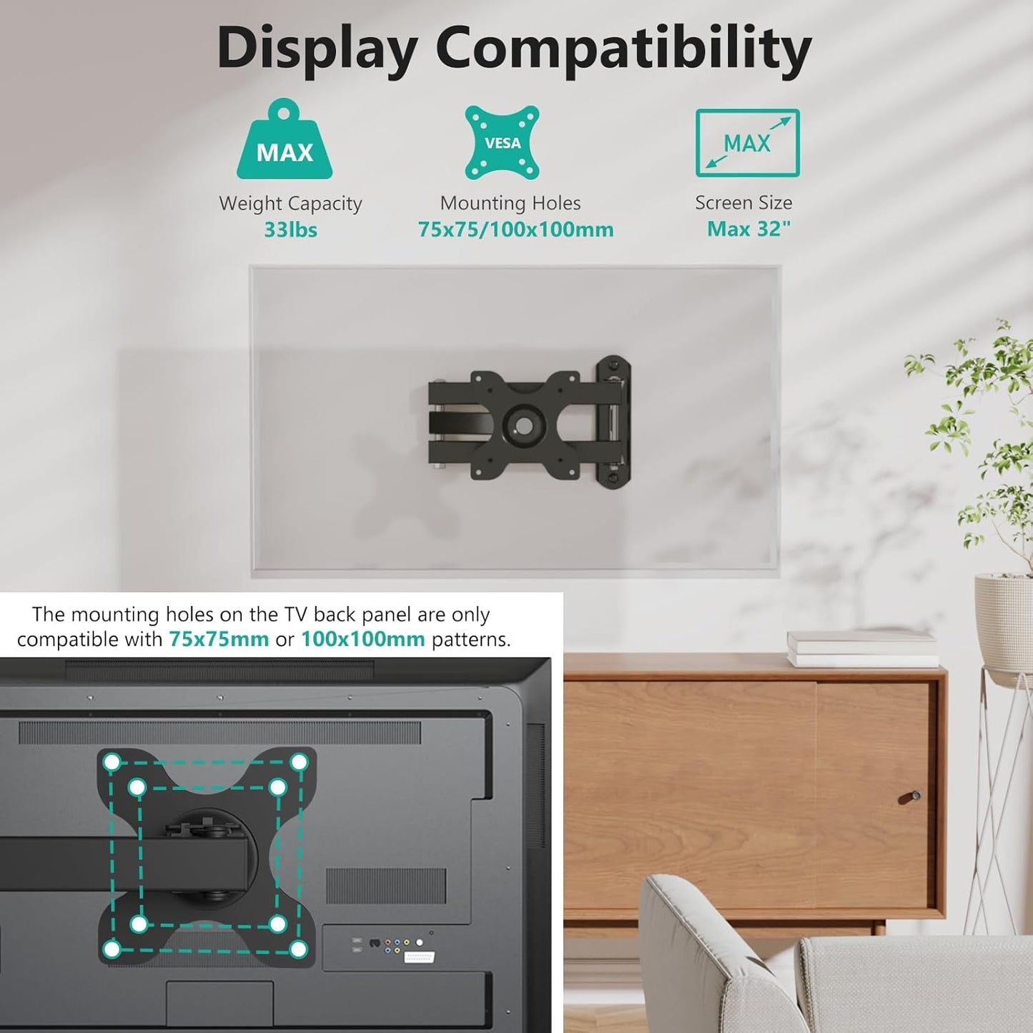 WALI TV Wall Mount, Swivel Tilt Rotate Full Motion TV Mount with Articulating 15" Extension Arm for Most 13-32 Inch LED LCD Flat Curved Screen TVs & Monitors, Mounting Holes up to 100x100mm, Black