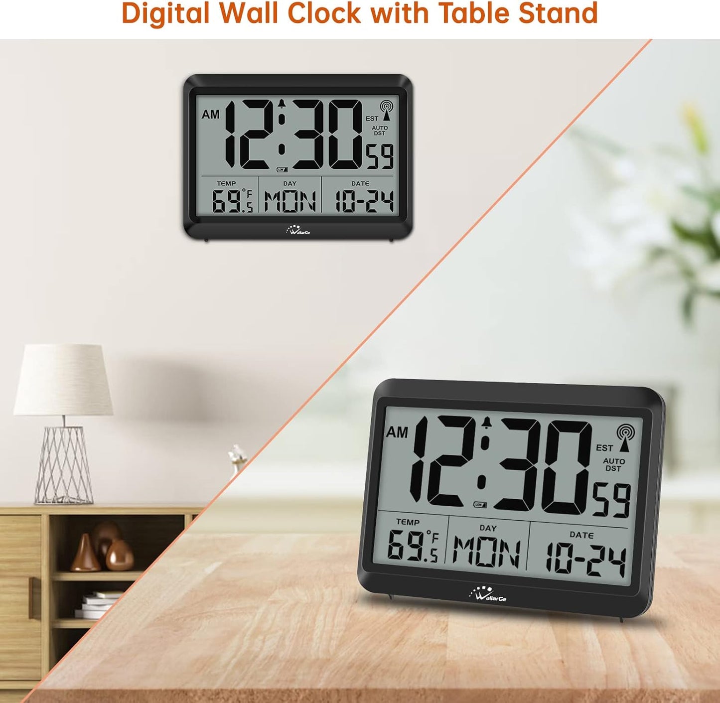 WallarGe Atomic Digital Wall Clock Battery Operated, Self-Setting, Large Display with Temperature, Date, Day of The Week, Silent Wall Mount Digital Clock, 4 Time Zones, DST