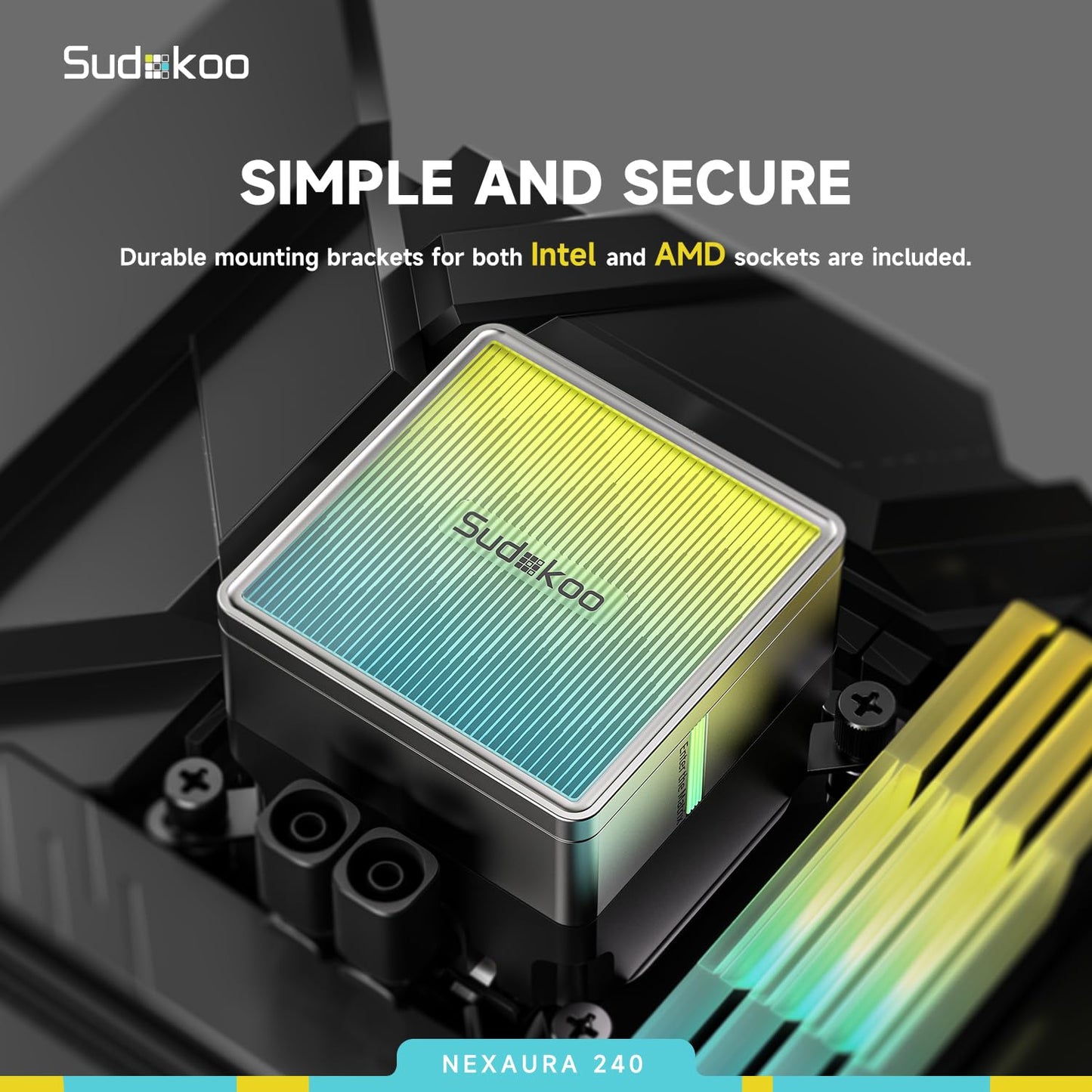 Sudokoo NEXAURA 360 Liquid CPU Cooler: 360mm AIO CPU Cooler with PWM Pump & ARGB Pump Head - Water Cooling with FDB Fans for Intel LGA 1851/1700/1200/115X AMD AM5/AM4 - Black