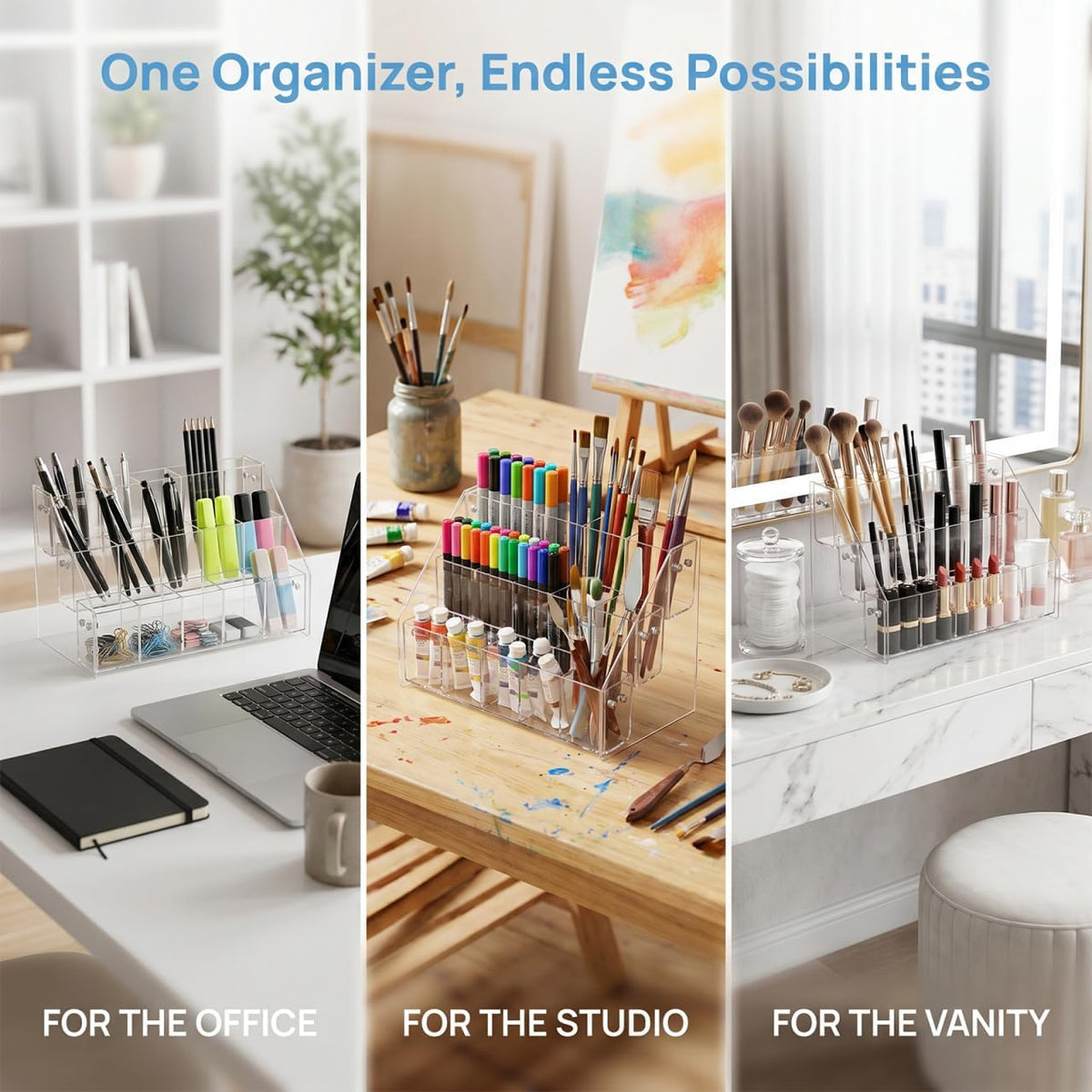 Luxshiny Acrylic Pen Holder Pencil Organizer with 3-tier Right Angle Design, Marker Storage Rack for Desk Stationery Display, Plastic Pen Container Suitable for Office and School Supplies