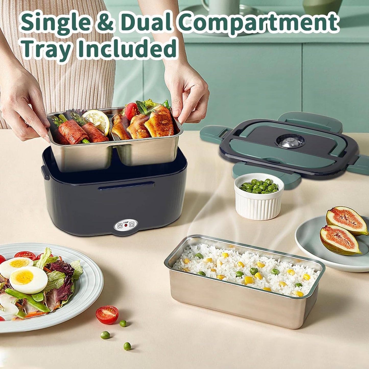 Electric Heated Lunch Box 100W - 3-in-1 Fast Heating Lunch Boxes Portable Food Heater for Adults,12V/24V/110V 1.5L Lunch Box with Leak-Proof Lid for Car Truck Office (3 Times Faster)