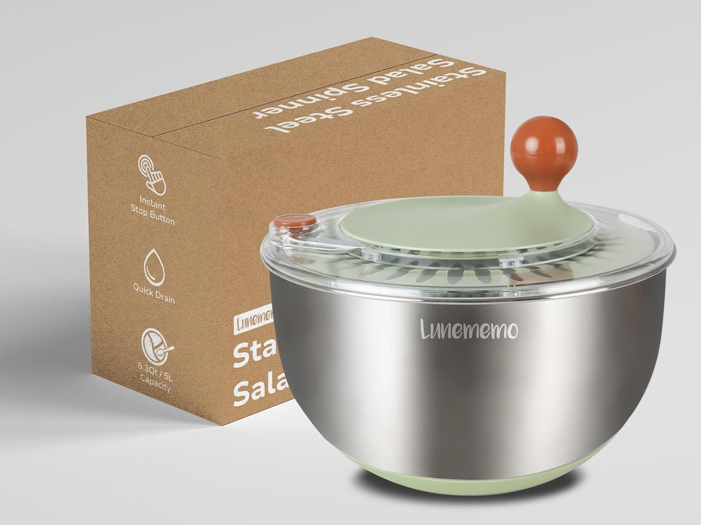Lunememo Stainless Steel Salad Spinner, Lettuce Spinner with Drain, Non-Slip Base, Stop Button, Vegetable Dryer, BPA Free, 5L