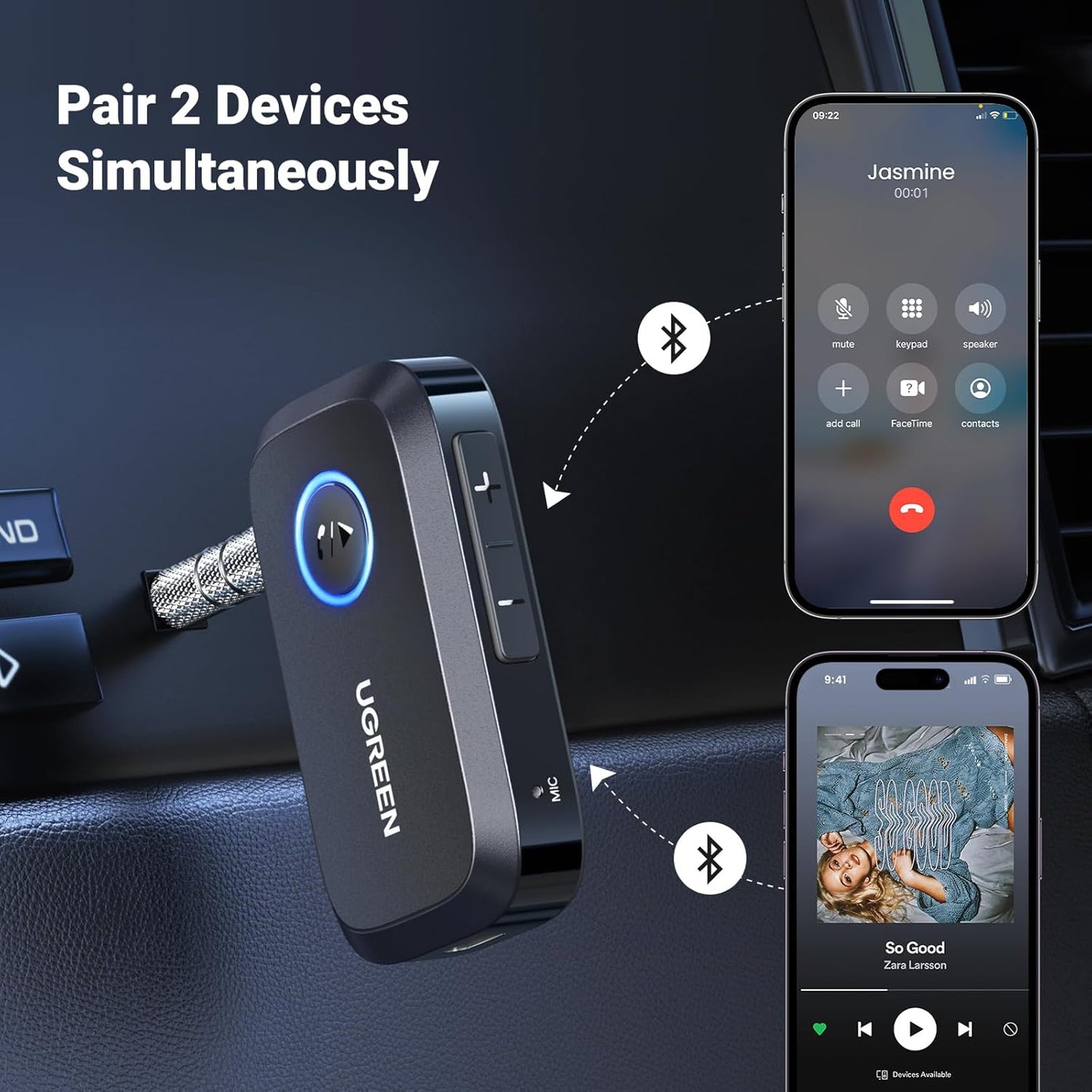 UGREEN Bluetooth 5.3 Receiver for Car, Aux to Bluetooth Adapter 3.5mm Jack, Crystal Clear Sound, Built-in Mic for Hands-Free Calls, 15H Battery Life, Compatible with Car Speaker Home Stereo Amplifier