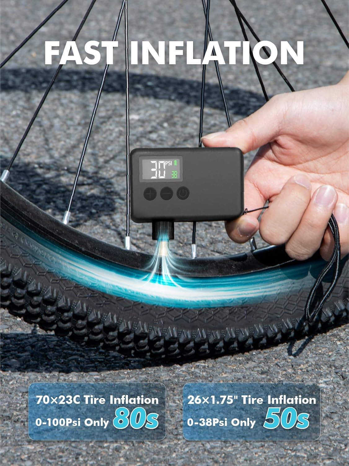 GPUTEK Mini Bike Tire Air Pump: Fast Inflate Portable Small Electric Bicycle Pump for Presta and Schrader Valves, 120 Psi High Pressure Pump with Digital Gauge for Road Bike, Mountain Bike, E-Bike