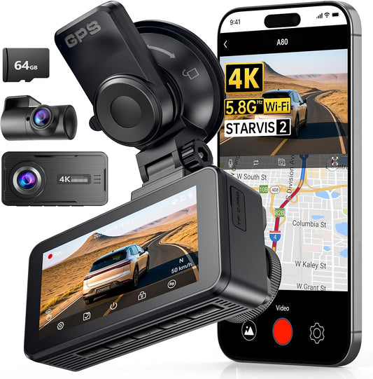 JOMISE Dash Cam Front and Rear, 4K Dashcam with 64GB Card, 3'' IPS Display Dual Car Camera with GPS 5GHz Wi-Fi, 24/7 Parking Mode, G-Sensor, Night Vision, 170° Wide Angle, Loop Recording, App Control