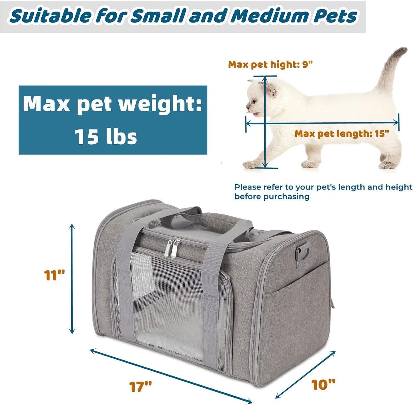 ORYEDA Cat Carrier Bag, Dog Travel Carriers, Airline Approved Soft-Sided Pet Carrier for Small Medium Cats and Small Dogs, Portable Carrier with 4 Open Doors and 3 Mesh Windows, Grey, Collapsible